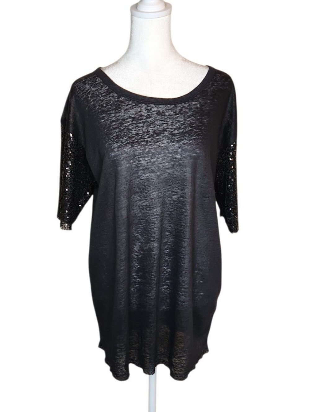 Anine Bing Black Linen Top with Sequined Sleeves Size Small